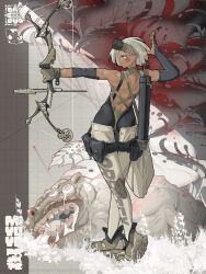 1girl arrow_(projectile) artist_logo artist_name ass back backless_outfit black_bow black_sleeves blue_eyes blush bodysuit bow bow_(weapon) brown_gloves brown_shoes commentary compound_bow crying crying_with_eyes_open dark-skinned_female dark_skin detached_pants detached_sleeves english_commentary expressionless facepaint firing from_behind full_body gloves goggles goggles_on_head grass grey_eyes grey_hair harness highres holding holding_bow_(weapon) holding_weapon leaf legs logo looking_to_the_side miyoyo monster muscular muscular_female original pouch quiver shoes short_hair standing tears thigh_pouch weapon wide_hips