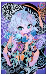 1girl absurdres blouse border bow comkdom commentary crying crying_with_eyes_open curly_hair eyelash_ornament film_grain flower frilled_sleeves frills green_eyes hands_up hat hat_bow heart heart-shaped_pupils heart_of_string highres holding holding_phone komeiji_koishi light_blush light_smile long_sleeves looking_at_viewer mismatched_pupils multicolored_bow multicolored_nails phone psychedelic purple_background rose shirt short_hair skirt solo symbol-shaped_pupils tears third_eye touhou white_border wide_sleeves yellow_shirt
