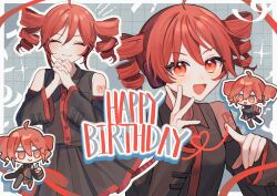 :d absurdres ahoge birthday black_hair black_shirt black_skirt black_sleeves buttons chibi clone closed_eyes closed_mouth detached_sleeves drill_hair dual_persona grey_background hair_between_eyes hands_up highres index_finger_raised interlocked_fingers kasane_teto looking_at_viewer moty number_tattoo open_mouth own_hands_together pleated_skirt pointing pointing_at_viewer red_eyes red_hair red_tattoo shirt shoulder_tattoo skirt skirt_set sleeveless sleeveless_shirt smile tattoo twin_drills upper_body utau