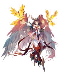 1girl absurdres bird breasts brown_eyes brown_hair detached_sleeves dress feathered_wings fiery_wings full_body highres medium_breasts solo starward thighhighs white_background white_dress wings zhu_fun