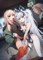 1other 2girls absurdres animal_ears black_leotard black_necktie black_panties blonde_hair boots bow bowtie bright_pupils character_request collar commentary condom condom_in_mouth condom_wrapper crotch_zipper detached_collar di_le_to english_commentary fake_animal_ears fur-trimmed_footwear fur-trimmed_jacket fur_trim girls&#039;_frontline green_jacket hair_ornament highres holding holding_money indoors jacket leotard long_hair looking_at_viewer money mouth_hold multiple_girls necktie no_eyewear open_clothes open_jacket open_mouth orange_thighhighs panties pantyhose rabbit_ears red_bow red_bowtie red_eyes skindentation thigh_strap thighhighs tongue torn_clothes torn_pantyhose type_80_(girls&#039;_frontline) underwear white_collar white_hair white_pantyhose white_pupils