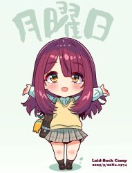 bag brown_shoes chibi green_skirt highres jagi_(jagi_souken) light_blush long_hair red_hair school_uniform shirt shoes shoulder_bag simple_background skirt toki_ayano white_shirt yellow_eyes yurucamp