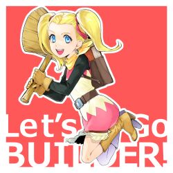 Rule 34 | 1girl, :d, asuka (pixiv3381855), backpack, bag, belt, belt buckle, black shirt, blonde hair, blue eyes, boots, border, brown belt, brown boots, brown gloves, buckle, commentary request, dragon quest, dragon quest builders 2, dress, earrings, english text, feet up, female builder (dqb2), flat chest, floating clothes, floating hair, fringe trim, gloves, hair pulled back, hair ribbon, hammer, highres, holding, holding hammer, hoop earrings, jewelry, looking at viewer, looking to the side, neckerchief, open mouth, red background, red dress, red ribbon, ribbon, shirt, shirt under dress, silver earrings, smile, solo, twintails, two-tone dress, white border, yellow dress, yellow neckerchief