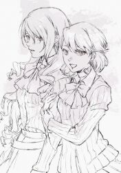 2girls absurdres arm_hug bow bowtie cardigan drill_hair highres kirijou_mitsuru long_hair looking_at_viewer machihazure multiple_girls open_mouth persona persona_3 short_hair skirt smile spot_color takeba_yukari twin_drills upper_body