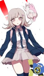 ! 1girl absurdres backpack bad_id bad_pixiv_id bag black_jacket black_thighhighs blunt_bangs blush bow breasts collared_shirt danganronpa_(series) danganronpa_2:_goodbye_despair diaper dress_shirt ear_bow flipped_hair grey_background hair_ornament hairclip hattori_(omegamega1001) highres hood jacket large_breasts long_sleeves medium_hair mega_man_(classic) monomi_(danganronpa) nanami_chiaki neck_ribbon open_clothes open_jacket open_mouth pink_eyes pink_ribbon pleated_skirt ribbon shirt shirt_tucked_in simple_background skirt sweatdrop thighhighs two-tone_shirt
