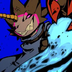 Rule 34 | black sclera, black skin, blue background, blue cloak, blue fire, cloak, colored sclera, colored skin, digimon, digimon (creature), digimon ghost game, dragon, fire, gulusgammamon, highres, horns, purple eyes, ridgeone, simple background, single horn, smirk, solo, upper body