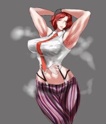 1girl arms_up breasts curvy female_focus formal_clothes gloves highres huyamuyaz large_breasts leather looking_at_viewer nipples pale_skin pants red_eyes red_hair see-through_clothes see-through_shirt shirt short_hair sleeveless smile smiley_face standing steam suspenders the_king_of_fighters thick_lips thick_thighs thighs uya_(yurukah) vanessa_(kof) wet wet_clothes wet_shirt white_shirt wide_hips