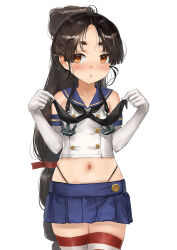 1girl black_hair black_panties blue_skirt breasts brown_eyes commentary commentary_request cosplay cowboy_shot crop_top elbow_gloves gloves hairband high_ponytail highleg highleg_panties kantai_collection long_hair midriff miniskirt navel nisshin_(kancolle) panties photoshop_(medium) pleated_skirt ponytail sailor_collar shimakaze_(kancolle) shimakaze_(kancolle)_(cosplay) short_eyebrows simple_background skirt small_breasts solo striped_clothes striped_thighhighs thick_eyebrows thighhighs thong toka_(marchlizard) underwear very_long_hair white_background white_gloves zettai_ryouiki