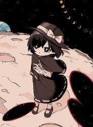 1girl absurdres black_eyes black_sky blush bow brown_capelet brown_hair brown_hat brown_shoes brown_skirt buttons capelet commentary_request earth_(planet) fingernails floating_clothes full_body hair_between_eyes hand_up hat hat_bow highres korean_commentary long_sleeves looking_up magical_astronomy meonjiuikkum moon moon_phases open_mouth outdoors planet puffy_long_sleeves puffy_sleeves shirt shoes short_hair skirt sky socks solo space standing star_(sky) star_(symbol) star_in_eye starry_sky symbol_in_eye touhou usami_renko white_bow white_shirt white_socks
