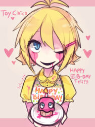 1girl antenna_hair blonde_hair blue_eyes cupcake cupcake_(fnaf) five_nights_at_freddy&#039;s five_nights_at_freddy&#039;s_2 food highres holding holding_plate looking_at_viewer lulu-999 one_eye_closed open_mouth plate puffy_short_sleeves puffy_sleeves shirt short_hair short_sleeves smile solo toy_chica upper_body yellow_shirt