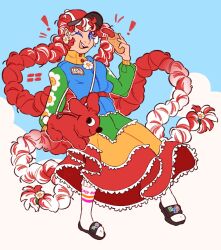Rule 34 | 1girl, absurdly long hair, alternate hair color, bag, black sandals, blue eyes, cocopudu, dress, earrings, floral print socks, flower, flower earrings, food, hat, hatsune miku, highres, holding, holding food, jewelry, lego, long hair, long sleeves, looking at viewer, multicolored hair, one eye closed, open mouth, pigs in a blanket, print dress, red hair, sandals, shoulder bag, smile, socks, solo, two-tone hair, very long hair, vocaloid, white flower, white hair, white socks, worldwide miku