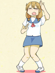 Rule 34 | 1girl, = =, a-king, blue sailor collar, blush, breasts, brown hair, city (arawi keiichi), closed eyes, hands up, izumi riko (city), medium hair, neckerchief, open mouth, red neckerchief, sailor collar, school uniform, shirt, shoes, short sleeves, skirt, small breasts, socks, solo, thighs, wavy mouth, white shirt, white shoes, white socks, yellow background