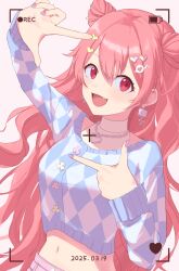 1girl argyle_clothes argyle_sweater arm_up blue_sweater checkered_clothes double_bun earrings fang hair_between_eyes hair_bun hair_ornament heart heart_hair_ornament highres jewelry long_hair long_sleeves looking_at_viewer midriff momoi_airi nail_polish navel necklace open_mouth pink_hair pink_nails project_sekai red_eyes smile solo sweater tatsuroumaru v very_long_hair