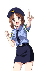 1girl absurdres aiguillette armband belt black_belt blue_hat blue_necktie blue_shirt blue_skirt brown_eyes brown_hair clenched_hand collared_shirt cowboy_shot dress_shirt female_service_cap frown girls_und_panzer hat highres looking_at_viewer miniskirt necktie nishizumi_miho open_mouth pencil_skirt pointing pointing_at_viewer police police_hat police_uniform policewoman ponzu_rui shirt short_hair short_sleeves simple_background skirt solo standing white_background wing_collar