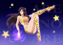 1girl 92penpen animal_print bikini capcom chun-li cone_horns corruption cosplay dark_persona floating forehead_jewel fur_bikini hand_on_own_leg highres horns leg_up lum lum_(cosplay) micro_shorts mind_control oni print_bikini print_boots red_eyes shoe_soles shorts small_horns solo star_(symbol) strapless strapless_bikini street_fighter striped_horns swimsuit tiger_panties tiger_print urusei_yatsura yellow_bikini yellow_horns