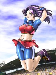 1girl arikawadou arms_up asamiya_athena bike_shorts bike_shorts_under_skirt breasts cameltoe exercising feet_up female_focus gloves gymnastics jumping large_breasts latex leather legs_up long_hair outdoors pale_skin pants purple_eyes purple_hair pussy qkat_(arikawa-dou) shiny_clothes shiny_skin shoes shorts skirt socks the_king_of_fighters thighs tight_clothes tight_pants toned toned_female