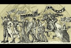 argyle_clothes battle_tendency bob_cut bowler_hat bruno_bucciarati caesar_anthonio_zeppeli checkered_clothes checkered_scarf commentary_request cowboy_hat diamond_wa_kudakenai dreadlocks earrings ermes_costello facial_hair facial_mark facial_scar flag flower foo_fighters_(jojo) gakuran gloves gyro_zeppeli hair_ornament hat headband highres hirose_yasuho holding holding_flag holding_shield holding_sword holding_weapon horse horseback_riding jewelry jojo_no_kimyou_na_bouken jojolion kakyoin_noriaki kimeohandream korean_commentary long_skirt multicolored_hair mustache nijimura_okuyasu overalls phantom_blood red_stone_of_aja riding robert_e._o._speedwagon rose sash scar scar_on_cheek scar_on_face scarf school_uniform sepia sheath sheathed shield short_hair skirt stardust_crusaders steel_ball_run stone_mask_(jojo) stone_ocean sword top_hat two-tone_hair vento_aureo weapon will_anthonio_zeppeli