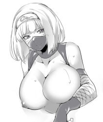 1girl arm_wrap blush bob_cut breasts closed_mouth commentary_request cookie_(touhou) cropped_torso elbow_gloves gloves greyscale hittodenashiman konpaku_youmu large_breasts looking_at_viewer mask monochrome mouth_mask ninja ninja_kewpie_five ninja_mask nipples short_hair simple_background solo touhou upper_body