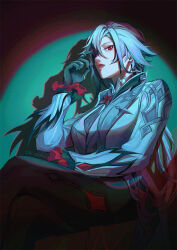 1girl arlecchino_(genshin_impact) black_hair black_hands black_pants breasts coat colored_extremities fingernails genshin_impact hair_over_one_eye long_hair long_sleeves looking_at_viewer multicolored_hair pants parted_lips red_nails red_pupils sharp_fingernails shi_(shi_zumii) spotlight streaked_hair symbol-shaped_pupils white_coat white_hair x-shaped_pupils