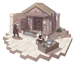 2boys ^_^ adventurer_(ff14) alternate_costume animal_ears apron black_apron black_hair book bookshelf bookstore brown_footwear building cat_boy cat_ears cat_tail closed_eyes commentary final_fantasy final_fantasy_xiv from_above fushimiqote g&#039;raha_tia hand_on_own_hip holding holding_book hyur isometric lamp male_focus miqo&#039;te multiple_boys open_mouth outstretched_arm plant potted_plant red_hair scenery scroll shirt shop short_hair sitting standing stone_floor stool tail uniform warrior_of_light_(ff14) white_shirt wide_shot