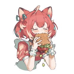 Rule 34 | 1girl, ahoge, akami karubi, animal ears, apron, black choker, blonde hair, blue ribbon, burger, choker, closed eyes, closed mouth, crazy raccoon, cropped torso, dot nose, dress, eating, food, furrowed brow, hair ribbon, holding, holding burger, holding food, lat latte71, medium hair, multicolored hair, red dress, red hair, ribbon, short sleeves, solo, streaked hair, twintails, two-tone hair, virtual youtuber, white apron, white background, white wrist cuffs, wrist cuffs