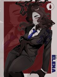 1girl absurdres black_jacket black_pants black_smoke black_suit blue_necktie brown_hair character_name collared_shirt distortion_(project_moon) elena_(project_moon) formal_clothes highres jacket lapels library_of_ruina long_hair looking_at_viewer necktie notched_lapels ny_000a pants parted_lips project_moon red_background red_eyes shirt solo suit wavy_hair white_shirt zoom_layer