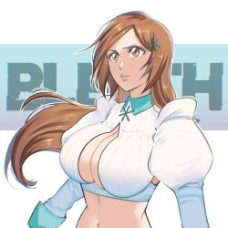 1girl artist_request bleach bleach:_sennen_kessen-hen breasts brown_eyes cleavage cleavage_cutout cleavage_window clothing_cutout female_focus hair_ornament highres inoue_orihime large_breasts long_hair midriff navel orange_hair solo