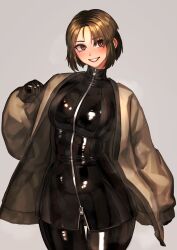 Rule 34 | absurdres, bodysuit, gluteal fold, highres, jacket, kilye kairi, latex, latex bodysuit, original, short hair, skin tight, smile