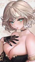 1girl aqua_eyes bare_shoulders black_gloves blush breasts cleavage collarbone dress gloves gold_armlet gold_choker hand_on_own_chest hiba_(vtuber) highres indie_virtual_youtuber jewelry large_breasts lips miraymoon ring second-party_source short_hair signature solo strapless strapless_dress upper_body virtual_youtuber