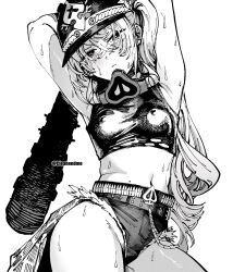 1girl armpits arms_behind_head arms_up baseball_bat belt blush breasts combat_helmet covered_erect_nipples cowboy_shot crop_top greyscale hair_between_eyes helmet highres holding holding_baseball_bat jacket long_hair looking_at_viewer luciana_de_montefio mask mask_around_neck midriff monochrome navel otimusyairoha pickelhaube short_shorts shorts side_ponytail simple_background sleeveless small_breasts solo spade_(shape) sweat twitter_username zenless_zone_zero