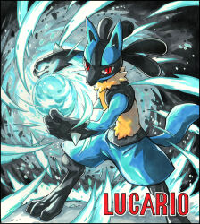 Rule 34 | absurdres, character name, commentary request, energy ball, fish.boy, gen 4 pokemon, highres, legs apart, looking at viewer, lucario, nintendo, pokemon, pokemon (creature), red eyes, solo, spikes, squatting, toes, yellow fur