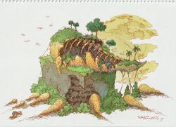 1boy 2025 abandoned backpack bag brown_hat brown_pants cloud commentary_request dilapidated full_moon grass hat highres long_sleeves male_focus moon original overgrown pants post-apocalypse ruins shirt signature solo tokyogenso traditional_media tree white_shirt