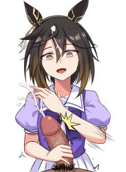 1boy 1girl absurdres animal_ears black_hair black_pubic_hair bow bowtie brown_hair cowboy_shot cum ear_covers ejaculation gradient_hair hetero highres horse_ears horse_girl male_pubic_hair medium_hair multicolored_hair open_mouth penis pleated_skirt pov pubic_hair puffy_short_sleeves puffy_sleeves purple_bow purple_bowtie purple_shirt school_uniform shirt short_sleeves simple_background skirt slapping_penis smile solo_focus stay_gold_(umamusume) summer_uniform tracen_school_uniform umamusume uncensored white_background white_skirt wuwusan