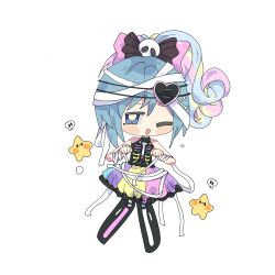 Rule 34 | 1girl, a wuqi, alternate costume, bandaged arm, bandaged head, bandaged waist, bandages, bare arms, black boots, black bow, black shirt, blue eyes, blue hair, blush stickers, bone hair ornament, boots, bow, bright pupils, chibi, chinese commentary, commentary request, curly hair, dot nose, eyelashes, eyepatch, frilled skirt, frills, hair bow, hair extensions, hair ornament, hairclip, halloween, halloween costume, halter shirt, halterneck, happy, heart, heart eyepatch, high side ponytail, highres, looking at viewer, mahou shoujo madoka magica, mahou shoujo madoka magica (anime), miki sayaka, miniskirt, multicolored hair, multicolored skirt, one eye closed, open mouth, outstretched arms, pink bow, pleated skirt, ponytail, shirt, short hair, short ponytail, simple background, skeleton print, skirt, skull hair ornament, smile, solo, standing, star (symbol), star print, thigh boots, two-tone bow, white background, white pupils, zombie pose