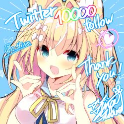 Rule 34 | 1girl, :d, absurdres, animal ear fluff, animal ears, bare arms, bare shoulders, blonde hair, blue background, blue eyes, blue sailor collar, blush, breasts, copyright request, double fox shadow puppet, dress, fox ears, fox shadow puppet, fuuna thise, hair between eyes, heart, highres, large breasts, long hair, milestone celebration, neck ribbon, open mouth, ribbon, sailor collar, sailor dress, simple background, sleeveless, sleeveless dress, smile, solo, spoken heart, twitter username, two side up, upper body, virtual youtuber, white dress, yellow ribbon