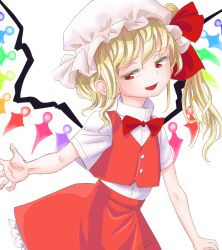 1girl blonde_hair bow bowtie buttons crystal_wings flandre_scarlet frilled_skirt frills half-closed_eyes hat hat_ribbon high_collar mob_cap open_hand open_mouth red_bow red_bowtie red_eyes red_ribbon red_skirt red_vest ribbon s-a-murai shirt short_sleeves side_ponytail skirt solo touhou upper_body vest white_background white_shirt wings