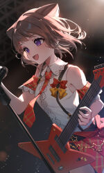 Rule 34 | 1girl, bang dream!, bare shoulders, bison cangshu, bow, brown hair, commentary request, cone hair bun, electric guitar, guitar, hair bun, highres, instrument, microphone, microphone stand, open mouth, purple eyes, red bow, shirt, sleeveless, sleeveless shirt, smile, solo, star (symbol), star print, sweatdrop, toyama kasumi, white shirt, yellow bow