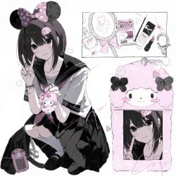 1girl black_hair black_skirt black_tail bow card_holster commentary commission earrings hair_between_eyes hair_bow hair_ornament hairclip highres jewelry kneehighs lipstick looking_at_viewer makeup medium_hair multiple_rings nail_polish neckerchief original pink_bow pink_nails pink_neckerchief pleated_skirt polka_dot polka_dot_bow ring school_uniform serafuku shirt shuishuisama skirt socks squatting v white_shirt white_socks