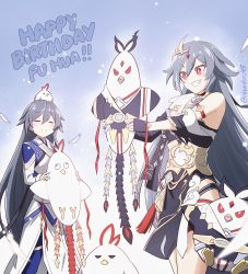 2girls bird black_gloves black_hair character_name chick chinese_clothes closed_mouth dual_persona fingerless_gloves fu_hua fu_hua_(azure_empyrea) fu_hua_(herrscher_of_sentience) fu_hua_(taixuan_impression) gloves happy_birthday highres holding honkai_(series) honkai_impact_3rd kite long_hair mhunter_45 multiple_girls red_eyes smile