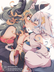 2girls ahoge animal_ear_fluff animal_ears black_sleeves blue_hair blush breast_press breasts cleavage detached_sleeves green_eyes green_hair holding_hands interlocked_fingers kiss kuromiya kuromiya_raika_(kuromiya) large_breasts long_hair looking_at_another multicolored_hair multiple_girls orange_hair original shiromiya_asuka_(kuromiya) simple_background symmetrical_docking two-tone_hair white_background white_hair white_sleeves yuri
