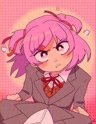 Rule 34 | 1boy, 1girl, :i, absurdres, anger vein, angry, annoyed, blazer, blush, bob cut, bow, bowtie, breasts, bright pupils, brown sweater vest, clenched hands, collared shirt, commentary, doki doki literature club, doki doki literature club school uniform, dress shirt, embarrassed, english commentary, face-to-face, filthyhector, flustered, frown, furrowed brow, gradient background, grey jacket, hair ornament, hair ribbon, hands on another&#039;s chest, head out of frame, head tilt, height difference, highres, jacket, looking at viewer, looking up, natsuki (doki doki literature club), neck ribbon, orange background, patterned background, pink background, pink eyes, pink hair, pov, protagonist (doki doki literature club), puff of air, puffy cheeks, red bow, red bowtie, red ribbon, ribbon, school uniform, shirt, short hair, small breasts, solo focus, sweater vest, swept bangs, two side up, upper body, upturned eyes, v-shaped eyebrows, white pupils, white shirt, x hair ornament