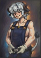 Rule 34 | 1girl, animal ears, bell, blue overalls, breasts, brown background, brown horns, closed eyes, closed mouth, commentary, cow ears, cow girl, cow horns, cow tail, english commentary, gloves, grey hair, highres, horns, jingle bell, large breasts, nandi (puchirisu), neck bell, original, overalls, puchirisu, short hair, sideboob, smile, solo, tail, upper body, white gloves