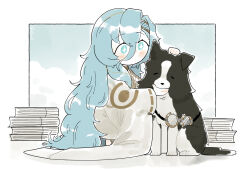 Rule 34 | + +, 1girl, 37 (reverse:1999), ancient greek clothes, blue eyes, blue hair, blue sky, book, book stack, border collie, cloud, daku k, deformed, dog, full body, goggles, goggles around neck, greco-roman clothes, hair between eyes, highres, inset border, long hair, looking at animal, outside border, pickles (reverse:1999), reverse:1999, sky, solo, very long hair