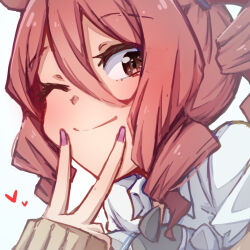 Rule 34 | 1girl, animal ears, brown eyes, brown hair, collared shirt, hair between eyes, heart, highres, horse ears, looking at viewer, norn ace (umamusume), one eye closed, pink nails, shirt, smile, solo, tro illust0821, umamusume, umamusume: cinderella gray, v, white background