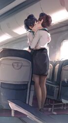 2girls absurdres airplane_interior benevole black_footwear black_hair black_pantyhose black_skirt brown_hair closed_eyes flight_attendant formal_clothes garrison_cap hat high_heels highres kiss long_sleeves multiple_girls original pantyhose pencil_skirt ponytail shirt short_hair skirt skirt_suit suit travel_attendant uniform white_shirt yuri