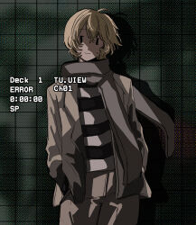 1boy absurdres black_eyes blonde_hair brown_coat brown_scarf coat commentary_request cowboy_shot green_background hands_in_pockets highres hitchhiker_b_(randal&#039;s_friends) looking_at_viewer male_focus randal&#039;s_friends scarf shirt solo standing striped_clothes striped_shirt zakuro_(kdxd87965)