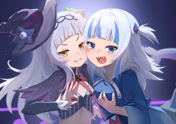 2girls :d animal_hood blue_eyes blue_hair blue_hood blunt_bangs breasts capelet cheek-to-cheek clenched_teeth commentary_request eyes_visible_through_hair fins fish_tail gawr_gura grabbing_own_breast hair_ornament hat heads_together highres hirotaka0125 hololive hololive_english hood light_blush long_hair long_sleeves looking_at_viewer medium_hair midriff mini_hat mini_witch_hat multicolored_eyes multicolored_hair multiple_girls murasaki_shion murasaki_shion_(1st_costume) ok_sign open_mouth orange_eyes shark_girl shark_hair_ornament shark_hood shark_tail sharp_teeth short_twintails small_breasts smile smug streaked_hair tail teeth tilted_headwear twintails two-tone_hair upper_body virtual_youtuber white_hair wide_sleeves witch_hat