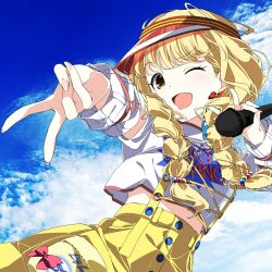 1girl blonde_hair blue_sky braid cloud cropped_shirt day detached_sleeves double_v fang fingernails fujita_kotone gakuen_idolmaster hair_bobbles hair_ornament hair_ribbon high-waist_shorts highres idolmaster insomnia_(insomnia_plus) jewelry long_hair microphone midriff_peek necklace one_eye_closed open_mouth outstretched_arm ribbon shirt short_sleeves shorts sky smile solo suspenders twin_braids v visor_cap white_shirt yellow_big_bang!_(idolmaster) yellow_eyes yellow_shorts