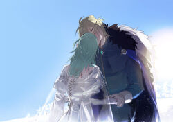Rule 34 | 1boy, 1girl, bare shoulders, black cape, blonde hair, blue cape, cape, closed eyes, commentary request, cowboy shot, cross-laced clothes, cross-laced dress, detached sleeves, dimitri alexandre blaiddyd, dimitri alexandre blaiddyd (timeskip), dress, eyepatch, female byleth (fire emblem), fire emblem, fire emblem: three houses, green hair, hetero, holding hands, kiss, long hair, nintendo, see-through cape, standing, tsukimura noe, white cape, white dress