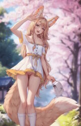 Rule 34 | 1girl, :d, ahoge, animal ear piercing, animal ears, arm up, bag, braid, brown eyes, brown hair, cherry blossoms, cleft of venus, dress, earrings, exhibitionism, fangs, feet out of frame, flat chest, fox ears, fox girl, fox tail, handbag, highres, holding, holding bag, jewelry, khiara (personal ami), large tail, long hair, looking at viewer, nipples, no panties, off-shoulder dress, off shoulder, open mouth, original, outdoors, personal ami, public indecency, pussy, side braids, signature, smile, socks, solo, tail, teeth, uncensored, upper teeth only, very long hair, white dress, white socks